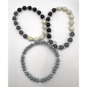 NEW Neutral Beaded Stretch Bracelet Set of 3 Gray Black‎ Cream Stack